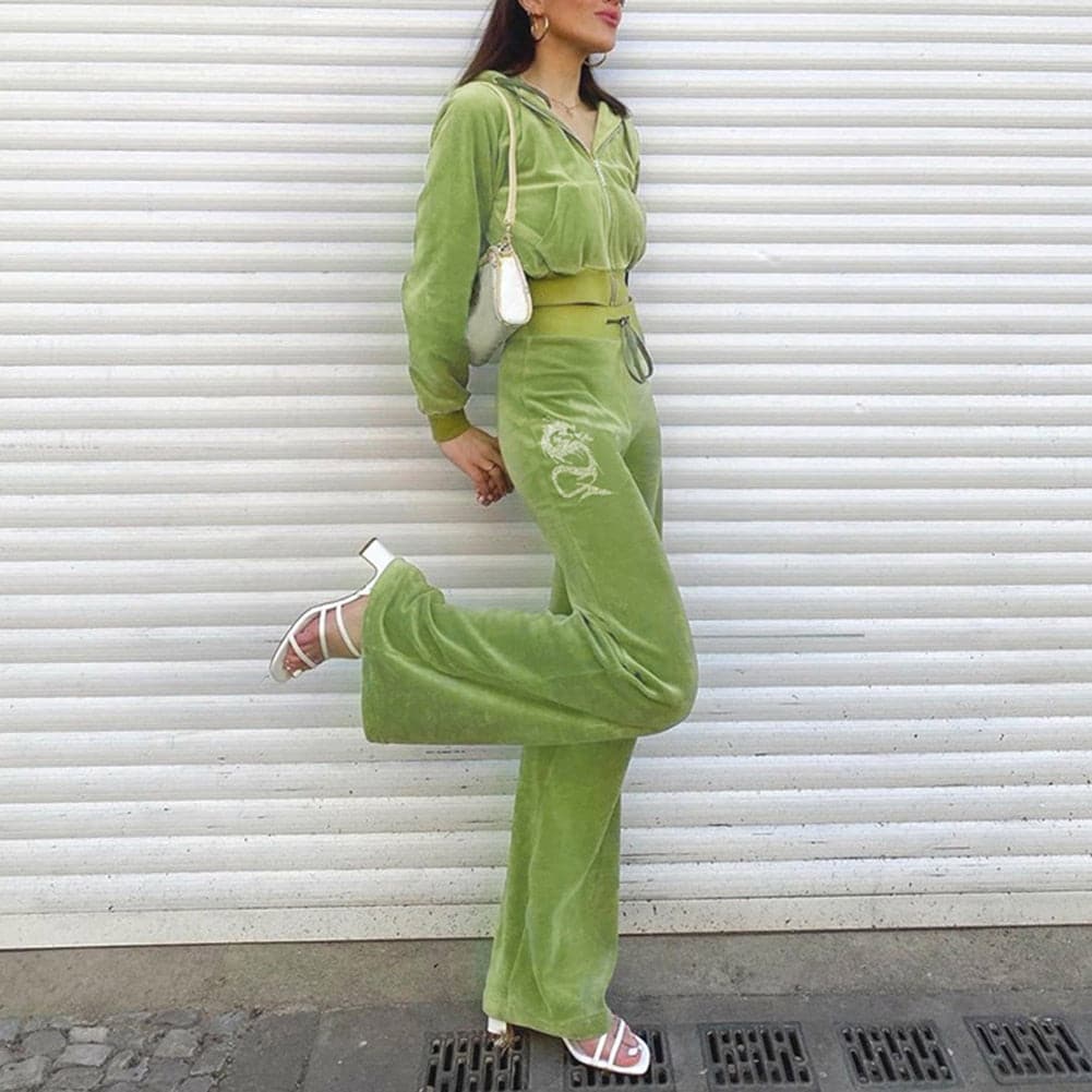 Harajuku Green Velvet Casual Baggy WideLeg Pants