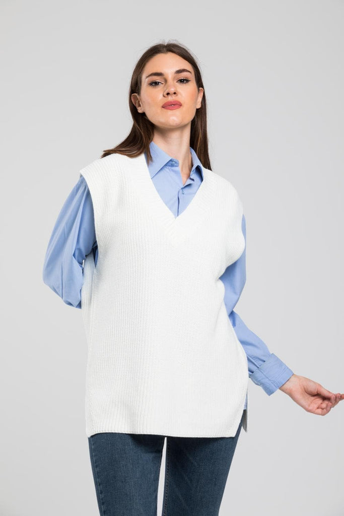 White V-neck Slit Sweater