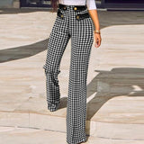 Women Elegant Skinny Straight Pants Spring New New Houndstooth Plaid Print Trouser All Match High Waist Office Suit Slim Trouser