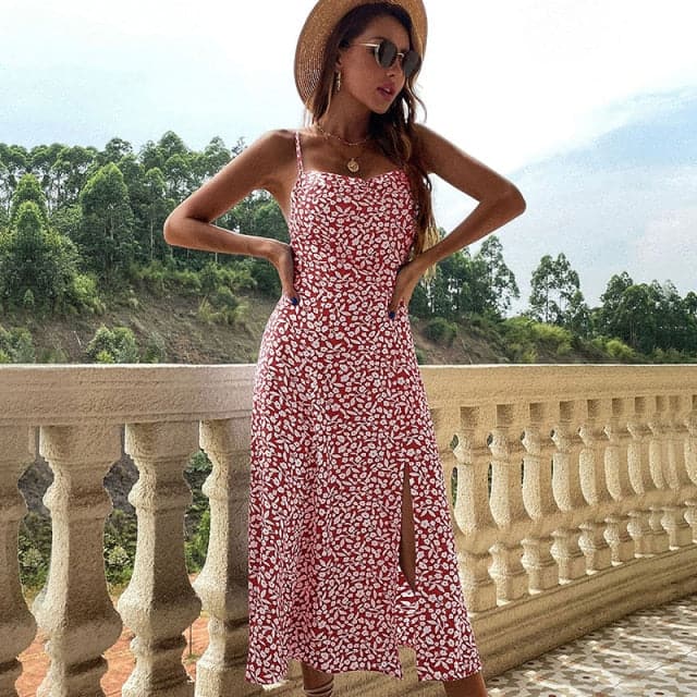 Summer Fashion Bohemian Sleeveless Dress for Women Vintage Sexy Floral Silk Maxi Robe Casual Wedding Guest Long Dresses