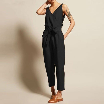 Women Rompers Black Jumpsuits Fashion Lace-up Sleeveless Casual V-neck Pocket Female Pants Bodysuits Summer New Women Jumpsuit