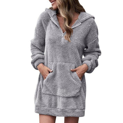 Long Sleeve Plush Hooded Warm Fluffy Pullover Sweatshirt Dress