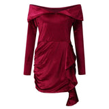 Velvet New Year 2023 Party Dress High Waist Draped Sexy Bodycon Dress Pure Color Off Shoulder Mini Dress