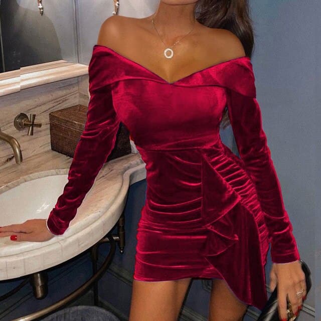 Long Sleeve Velvet Sexy Dress Women Off Shoulder Ruched Solid Deep V-neck Party Dresses Ladies Clubwear Bodycon Dress
