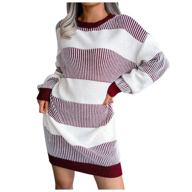Women Elegant Casual Loose Knitted Round Neck Sweater Dress