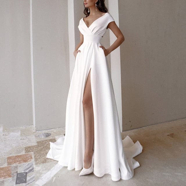 Fashion Elegant Short Sleeve Sweep Train Side Slit Bridal Gown