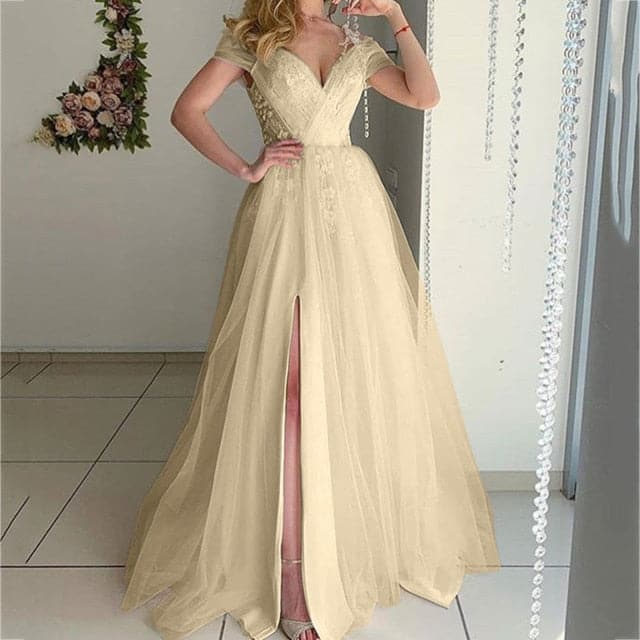 Fashion Elegant Short Sleeve Sweep Train Side Slit Bridal Gown