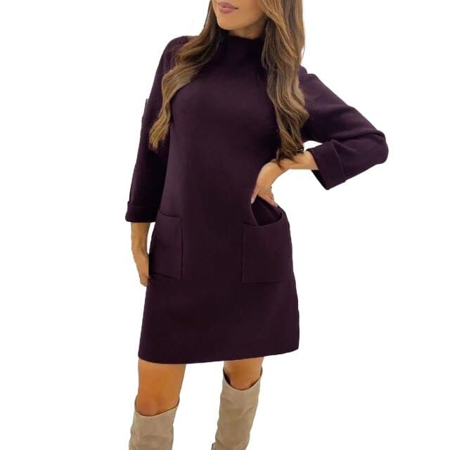Women Autumn Winter Oversize Loose Pocket Round Neck Boutique De Velvet Long Sleeve Dress Female Warm Straight Dress