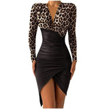 Flower Print Bodycon Dress Women Sexy Deep V-neck Sheath Long Sleeve Irregular Hem Party Banquet Dress Slim Bag Hip Dresses