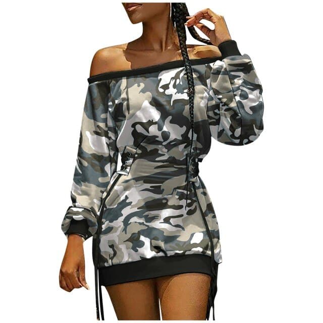 Women Fashion Camouflage Print Dress Abstract Print Off Shoulder Lace-up Eyelet Casual Dress Spring And Autumn Wear Dresses