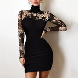 Women&#39;s Fashion Glitter Split Hems Contrast Mesh DressTurtleneck Long Sleeve Female Dresses Party Culb Dress