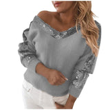 Women&#39;s Sexy Off Shoulder V Neck Sequin Stitching Print Temperament Pullover Casual Long Sleeve Sweater Pullovers Winter Clothes
