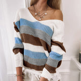 2023 Womens Fashion Long-sleeved V-neck Loose Stitching Sweater