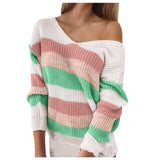 2023 Womens Fashion Long-sleeved V-neck Loose Stitching Sweater