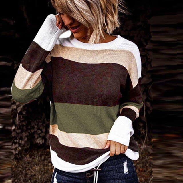 Women&#39;s Striped Knitwear Sweater 2021 Spring Autumn New Round Neck Knitted Long Sleeve Casual O-neck Pullover