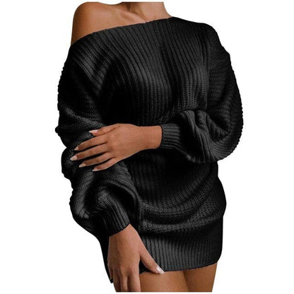 Women Sweaters And Pullovers Dress Casual Long-sleeved Pullover One Word Collar Solid Knitted Dress 2021 Jumper