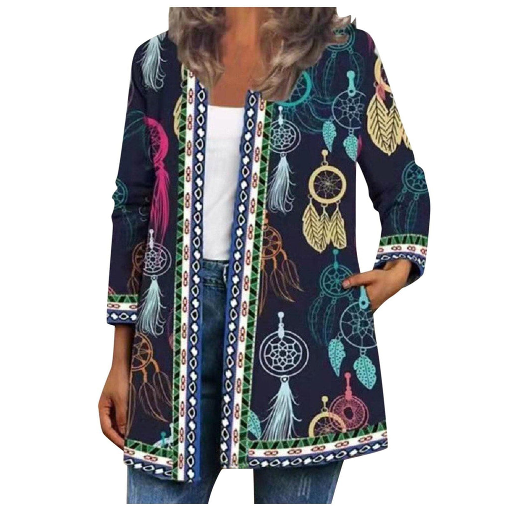 Womens Overcoat Casual Plus Size Leisure Retro Graphic Printed Winter Open Front Long Sleeve Outwear Cardigan Coat Fashion