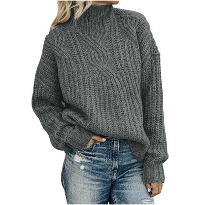 Turtleneck Jacquard Sweater Women Vintage Casual Loose Solid Long Sleeve Temperament Commute Knitted Pullover Top Pull