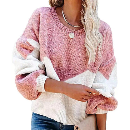 Women's Casual Loose Autumn Winter New Thick Sweater Color Blocking Large Yards Round Neck Korean Knitted Pullover Sweater Femal