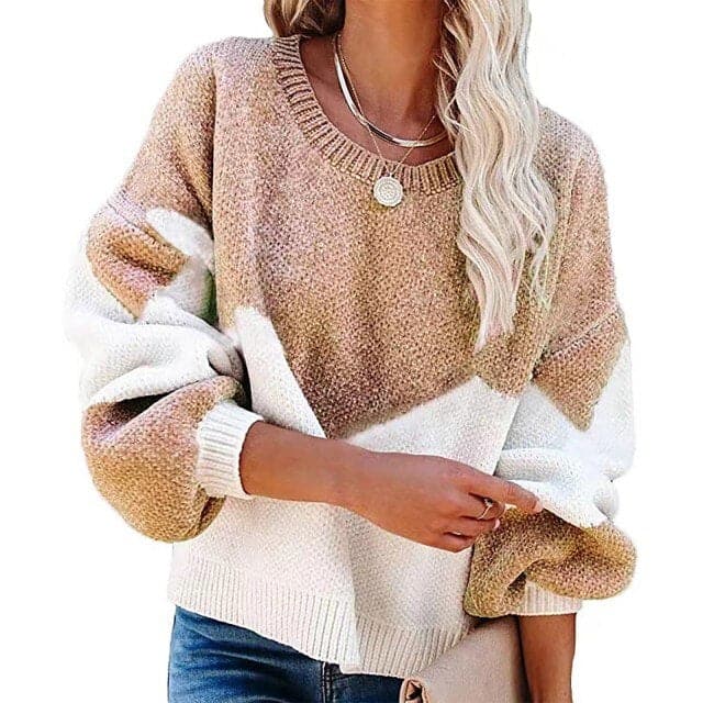 Women's Casual Loose Autumn Winter New Thick Sweater Color Blocking Large Yards Round Neck Korean Knitted Pullover Sweater Femal