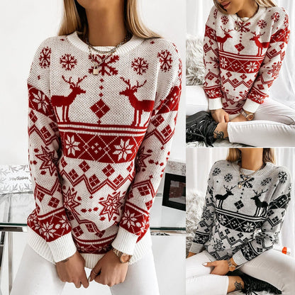 Women&#39;S Autumn/Winter Printed Sweater O-Neck Snowflake Christmas Top Christmas Pullover Knitted Top Shirt