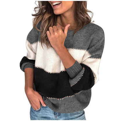 Women&#39;S Stitching Color Stripe O-Neck Sweater Long-Sleeved Knitted Pullover Top Ladies Fall/Winter Casual Sweatshirt Top Sweater