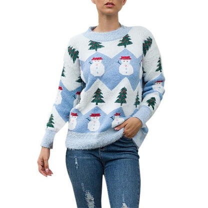 Women Knitted Pullover Tops 2021 Autumn Winter Female Christmas Snowman Printed Jacquard Knit Sweaters Jerseys