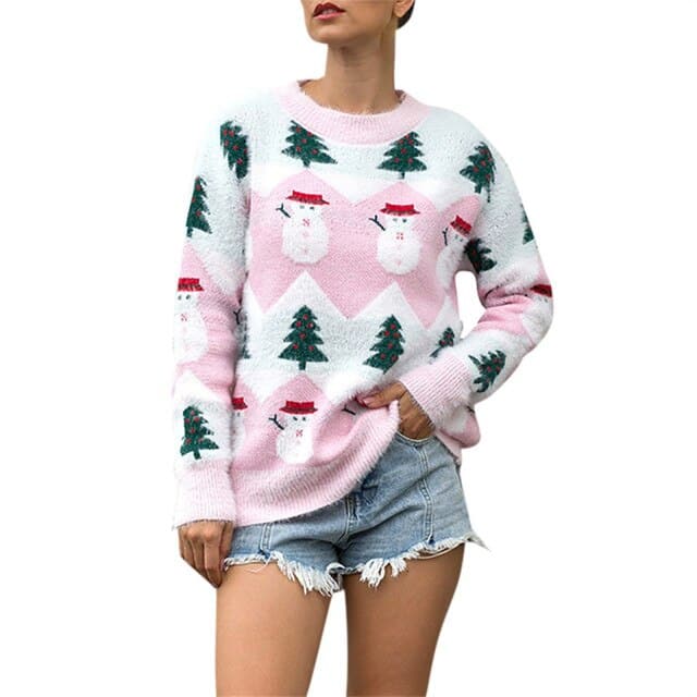 Women Knitted Pullover Tops 2021 Autumn Winter Female Christmas Snowman Printed Jacquard Knit Sweaters Jerseys