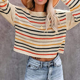 Stripe Printed Women Sweaters Casual Loose Long Sleeve Striped Color Block Knitted Pullover Y2k Jerseys Jumper