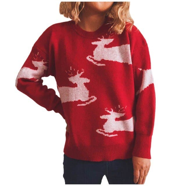 Y2k Knitted Sweater Ladies Christmas Wool Knit Round Neck Print Long Sleeve Sweater Women Sweater