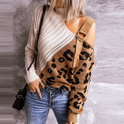 Women Turtleneck Tops Sexy One Off Shoulder Women Pullover Tops Knitted Leopard Sweater Jumper Pull Streetwear Hollow Out Tops