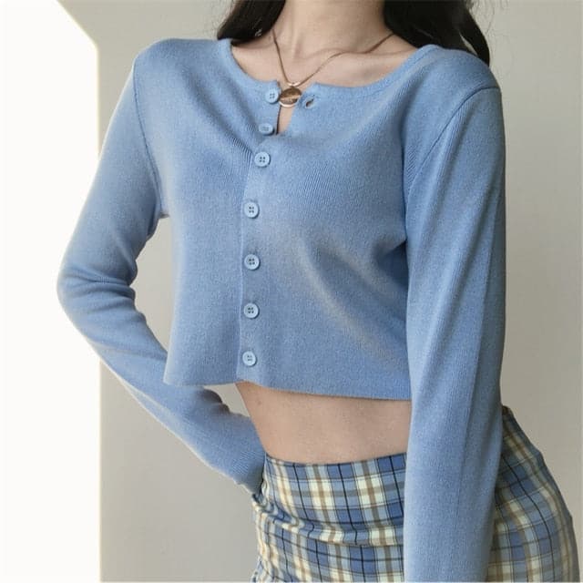 Korean Style O-neck Short Knitted Sweaters Women Thin Cardigan Fashion Sleeve Sun Protection Crop Top