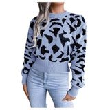 Sweaters Women Jacquard Knitted Casual O-neck Long Sleeve Cow Print Short Sweater Pullover 2021 Winter Clothes