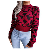 Sweaters Women Jacquard Knitted Casual O-neck Long Sleeve Cow Print Short Sweater Pullover 2021 Winter Clothes