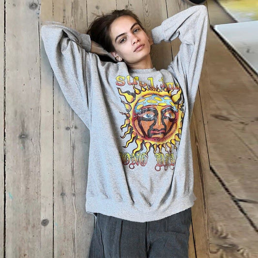 Oversized Hoodies Women 2021 Sun Printed Thin Vintage Pullovers O Neck Casual Y2K Streetwear Autumn Outfits Fashion Sweatshirt