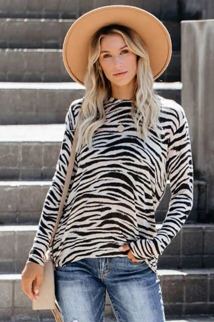 Women's Leopard Print Pullover Fall Round Neck Loose Women's Sweatshirt Printed Retro Stripe S To XXXL Size Outdoor Pullover