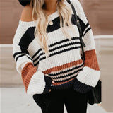 Women Knitted Hoodie Fashion Lovely Chic Preppy Harajuku Long Sleeve O-Neck Striped Color Block Girls Pullover Loose Knitwear