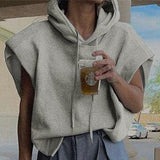 Street Style Solid Hoodies Women Sleeveless Cut Out Sweatshirt Loose Casual White Tops Female Early Autumn Clothes Gray Wear