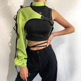 Streetwear Neon Halter Sweatshirt Hoodie Buckle Reflective Smock One Shoulder Women&#39;s Sweatshirts Holographic Outwear