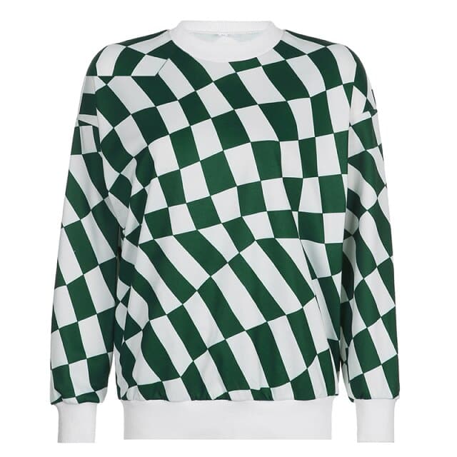 Green Plaid Print Korean Fashion Sweatshirts Women Autumn Long Sleeve Casual Loose Pullovers Streetwear 2000s Aesthetic