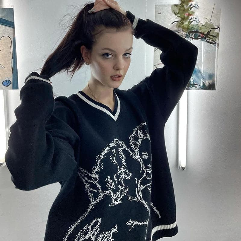 Sweaters Women Streetwear Knitted Pullover Cupid Jacquard Fashion Hip Hop Spring Autumn Harajuku Oversized Loose Outwear Jumper