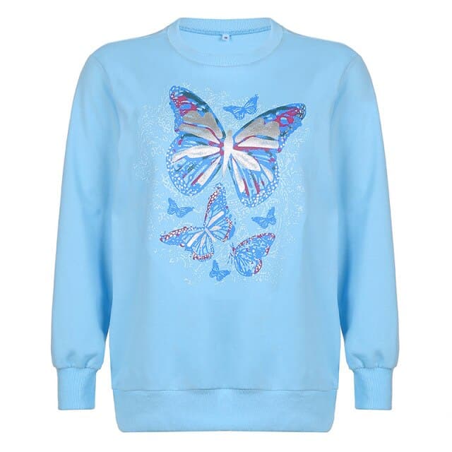 Y2K Butterfly Print Blue Hoodies Autumn Winter Cute Sweatshirt Fashion Casual Pullover Loose Oversized Streetwear Women Clothes