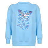 Y2K Butterfly Print Blue Hoodies Autumn Winter Cute Sweatshirt Fashion Casual Pullover Loose Oversized Streetwear Women Clothes