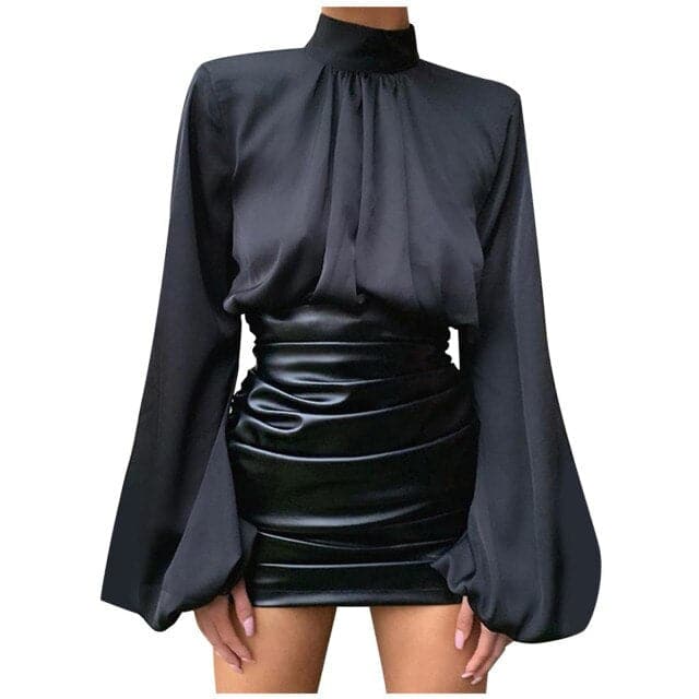 Sexy Women Solid Color Satin O-Neck Loose Fold Puff Long Sleeve Office Shirt Sexy Casual Vintage Blouse Tops