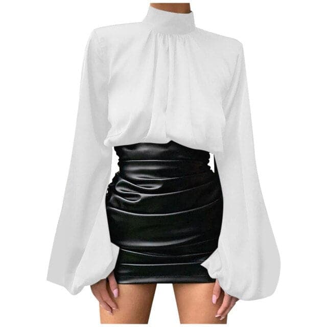 Sexy Women Solid Color Satin O-Neck Loose Fold Puff Long Sleeve Office Shirt Sexy Casual Vintage Blouse Tops