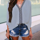 Solid Color Striped V-neck Bat Sleeve Shirt Chiffon Plus Size Women Long Sleeve Blouses Loose Patchwork Summer Beach Tops