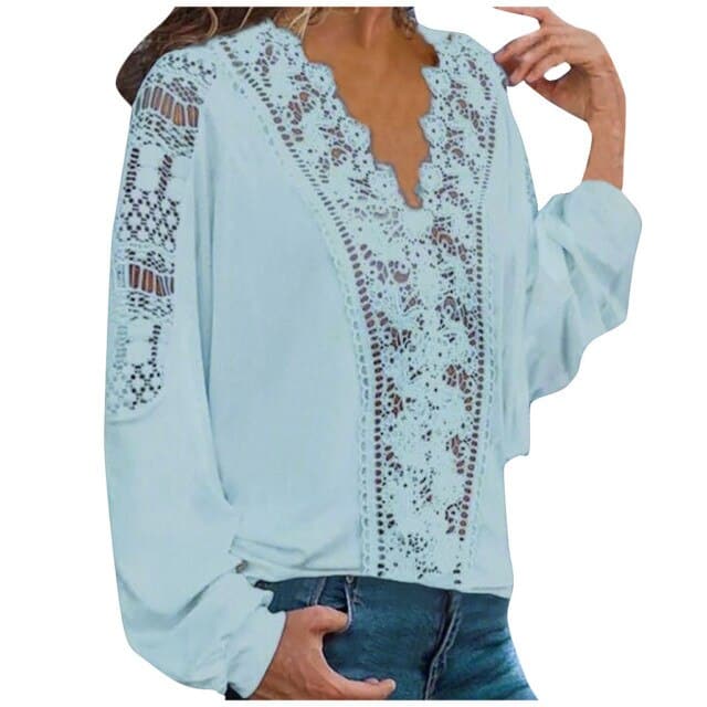 Fashion Women&#39;s Spring Shirts Casual Solid Colors Lace Hollow Out V-Neck Long Sleeves Elegant Female Blouse Tops