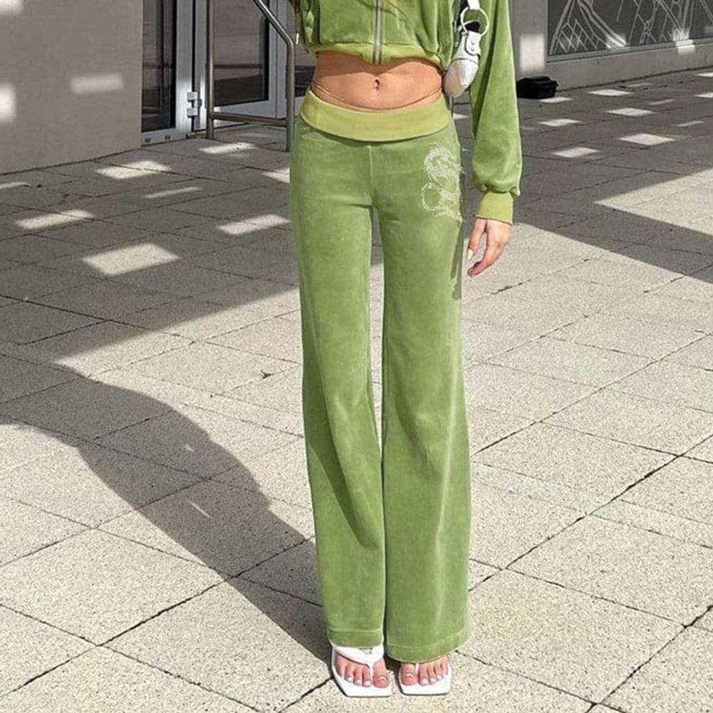Wide Leg Pants Harajuku Green Women Dragon High Waist Rest Polyester Fairy Aesthetic Diamond Vintage Sweatpants Y2K Velvet