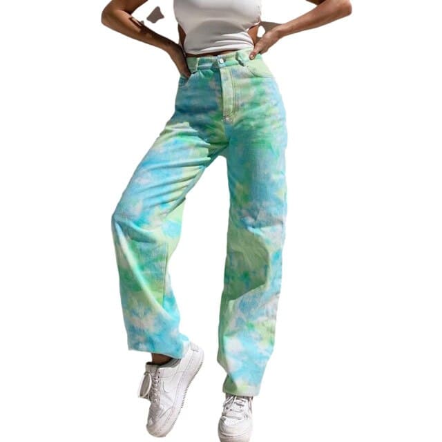 Streetwear Summer Rainbow Tie Dye Printed Jeans High Waist Straight Gradient Loose Denim Pants Y2K Wide Leg Jean Denim Trousers