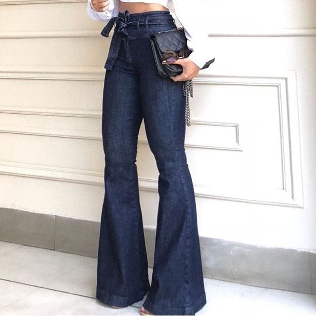 Women's Jeans Patch Pockets Thin Wide-Leg Flared Pants Fashion Lady High Waisted Lacing Stretch Jeans Bell-bottomed Pants